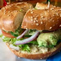 4. Bagel Veggie Special · Cream cheese, lettuce, tomato, cucumber, onions, avocado and sprouts.
