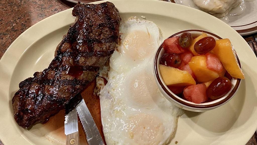 New York Steak & Eggs Platter · New York steak, three eggs, seasoned homestyle potatoes and your choice of two sweet potato pancakes or three buttermilk pancakes or French toast or toast.