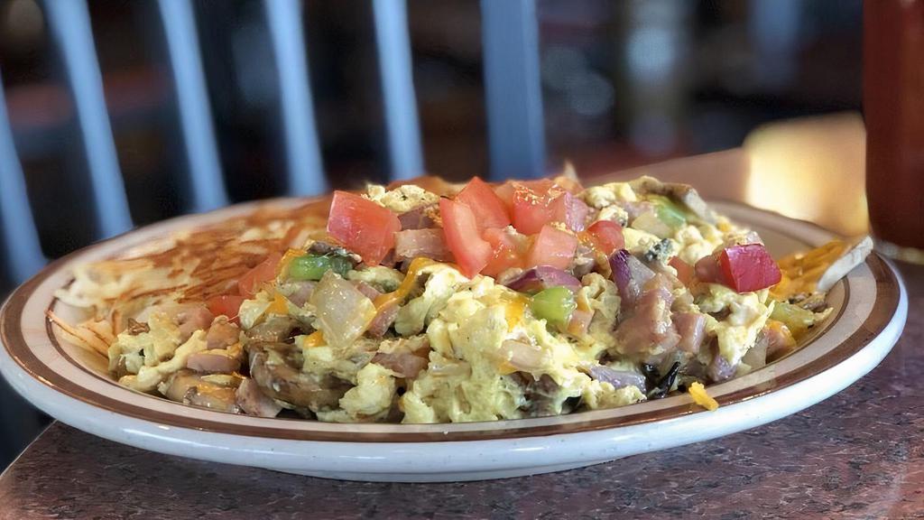 Country Scramble · Three eggs with diced ham, mushrooms, peppers, and onions, topped with tomatoes and cheddar cheese.