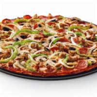 The Works™ · Heritage pepperoni, family recipe sausage, freshly cut green peppers and yellow onions, fres...