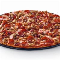 Serious Meat™ · Heritage pepperoni, family recipe sausage, shaved ham, ground beef, hardwood-smoked bacon.