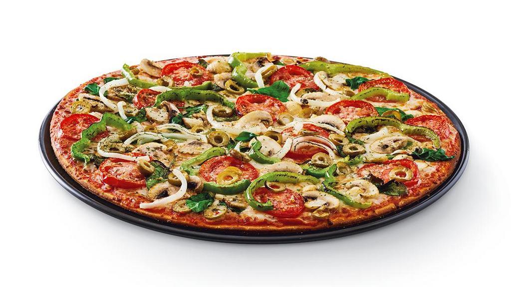 Very Vegy™ · Freshly cut Roma tomatoes, green peppers and yellow onions, fresh mushrooms and baby spinach, green olives.