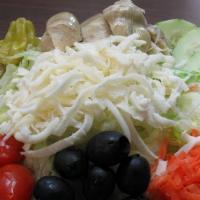 Via Mia Garden Salad · Lettuce, tomatoes, cheese, artichoke hearts, olives, cucumber, pepperoncini and carrots.