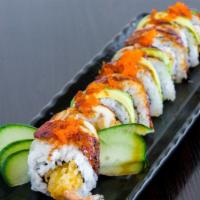 Dragon Roll · Shrimp tempura crab, cucumber, avocado, eel and topiko and sesame