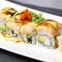 31. Lion King Roll · Crab, avocado topped with baked salmon.