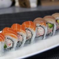 Golden Gate · Crab, avocado topped with salmon and yellowtail.