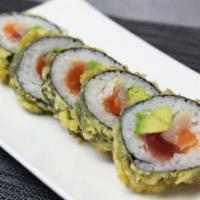11. Crispy Roll · Tuna, hamachi, salmon, avocado deep fried whole roll.