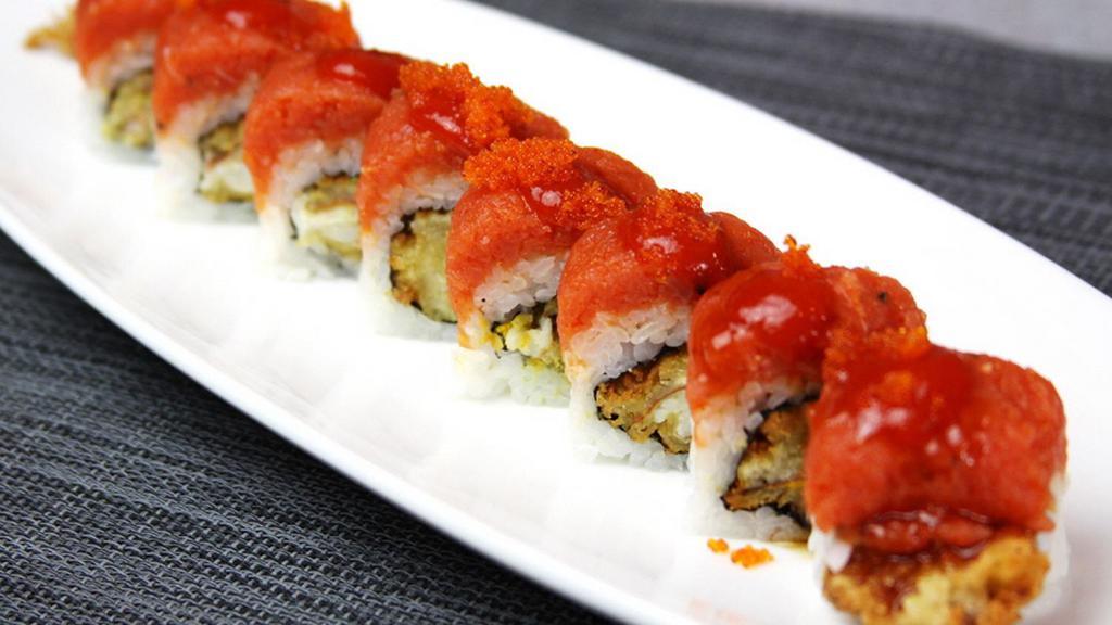 Spicy Spider · Deep fried soft shell crab, avocado topped with spicy tuna.
