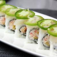 49ers Roll · Spicy tuna crab meat, shrimp tempura topped scallop, jalapeno.