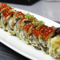 Y2k Roll · Deep fried spicy hamachi topped with unagi, avocado and ikura.