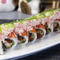 Spicy Juno · Deep fried shrimp, spicy tuna, cucumber topped with tuna, salmon, crab, jalapeno.