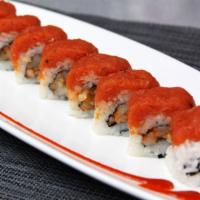20. Fire Cracker · Spicy scallop, cucumber topped with spicy tuna.