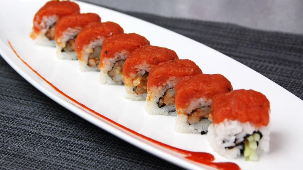 20. Fire Cracker · Spicy scallop, cucumber topped with spicy tuna.