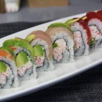 41. Rainbow · Crab, avocado topped with assorted raw fish.