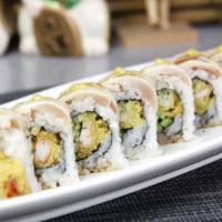 Smoky Roll · Deep fried shrimp, cucumber topped with seared albacore, garlic with ponzu sauce.