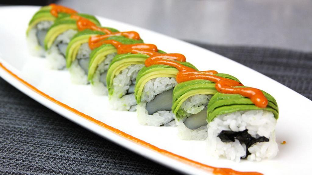 Four Season Roll · Scallop, cucumber, topped with sliced avocado and spicy Mayo.