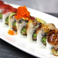 Sex & the City · Deep fried asparagus, spicy tuna topped with tuna and unagi.