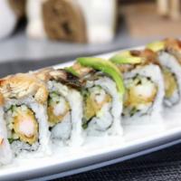 18. Dragon Roll · Deep fried shrimp, cucumber topped with eel and avocado.
