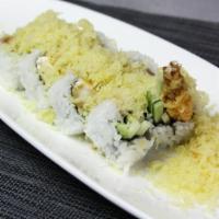 27 .Hollywood Roll · Spicy salmon, avocado, shrimp tempura topped with crunch powder and special sauce.