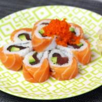 39. Orange Blossom · Tuna and avocado covered with fresh salmon and tobiko.