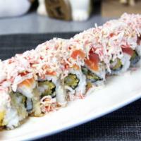 51. Titanic · Deep fried shrimp and cucumber with tuna, salmon, crab meat on top.