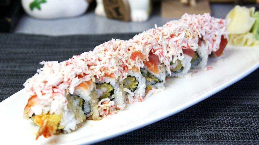 Titanic · Deep fried shrimp and cucumber with tuna, salmon, crab meat on top.