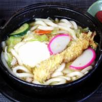 1. Nabeyaki Udon · Shrimp tempura, chicken, fish cake, egg and vegetables.