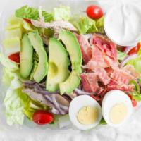 Cobb Salad · Chicken, bacon, romaine lettuce, tomatoes, red onions, avocado, eggs with blue cheese dressi...