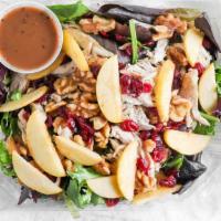 Leafy Gallina · Chicken spring mix, walnut, apple slices, dried cranberries and balsamic vinaigrette dressing.