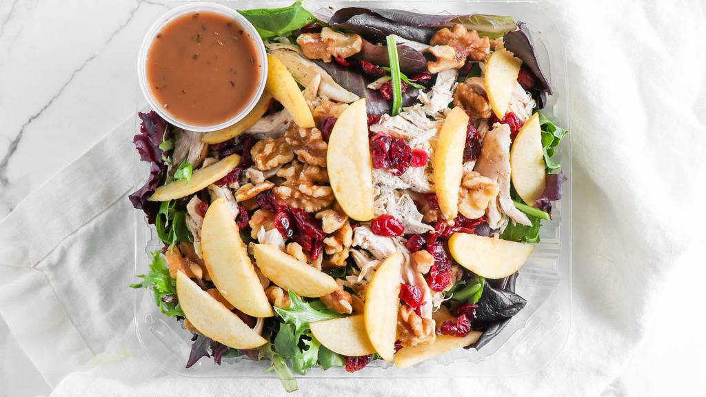 Leafy Gallina · Chicken spring mix, walnut, apple slices, dried cranberries and balsamic vinaigrette dressing.