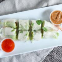 Fresh Vegetables Roll · Fresh veg spring roll wrap with rice paper served with peanut sauce and sweet chili sauce.