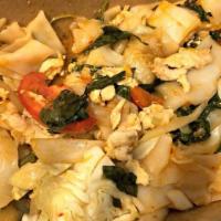 27. Pad Kee Maw · Medium spicy. Flat noodles stir fried w/chicken, egg, vegetables, basil in spicy medium sauce.