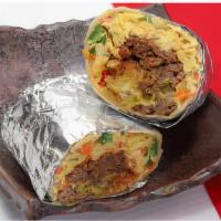 Bulgogi & Egg Breakfast Burrito · Beef bulgogi and egg burrito with cheese, peppers, and onion and fries. Served with sweet sp...