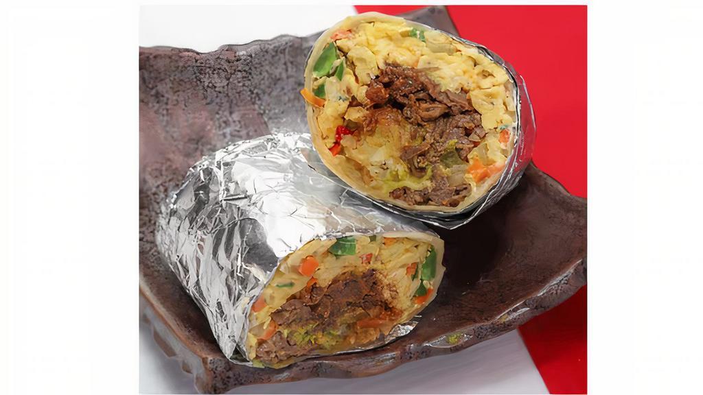 Bulgogi & Egg Breakfast Burrito · Beef bulgogi and egg burrito with cheese, peppers, and onion and fries. Served with sweet spicy sauce.