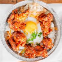 GFC Rice Bowl · 4pc Glazed Fried Chicken either sweet spicy or garlic soy, white rice, fried dumpling 1pc, a...