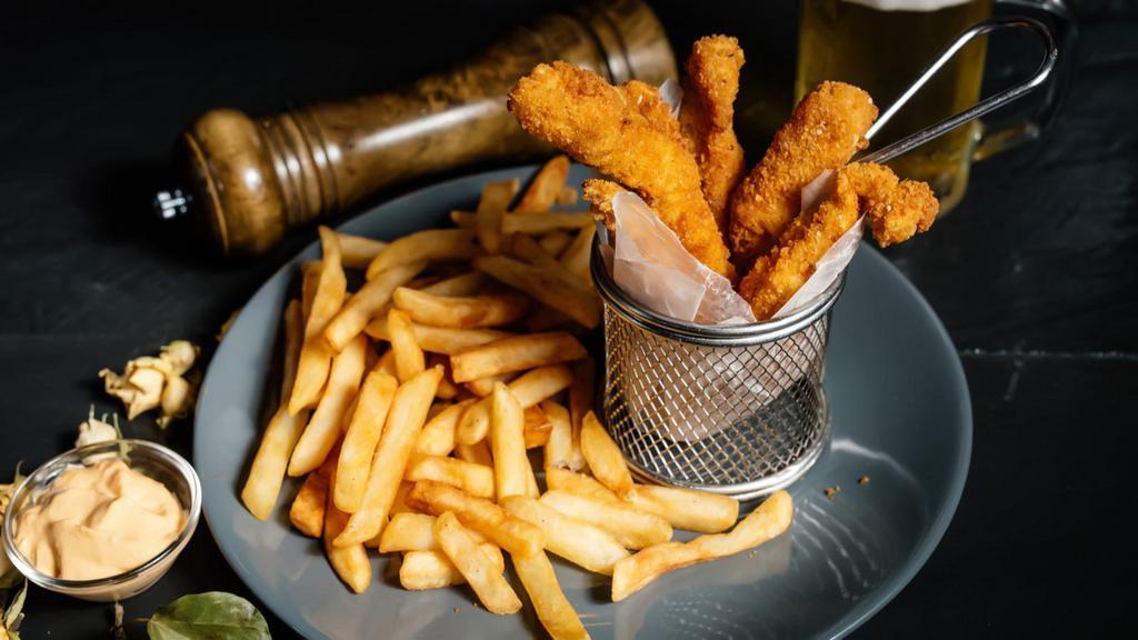 Chicken Tenders with Fries · Halal! Golden battered chicken tenders served to crispy perfection.