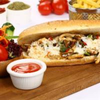 Philly Garlic Chicken with Fries · Cooked white chicken meat mixed with garlic sauce, grilled onions, bell peppers, mushrooms t...