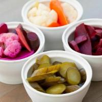 Pickled Vegetables · Naturally fermented in house with salt water garlic and dill.  Mix of Persian cucumber, caul...