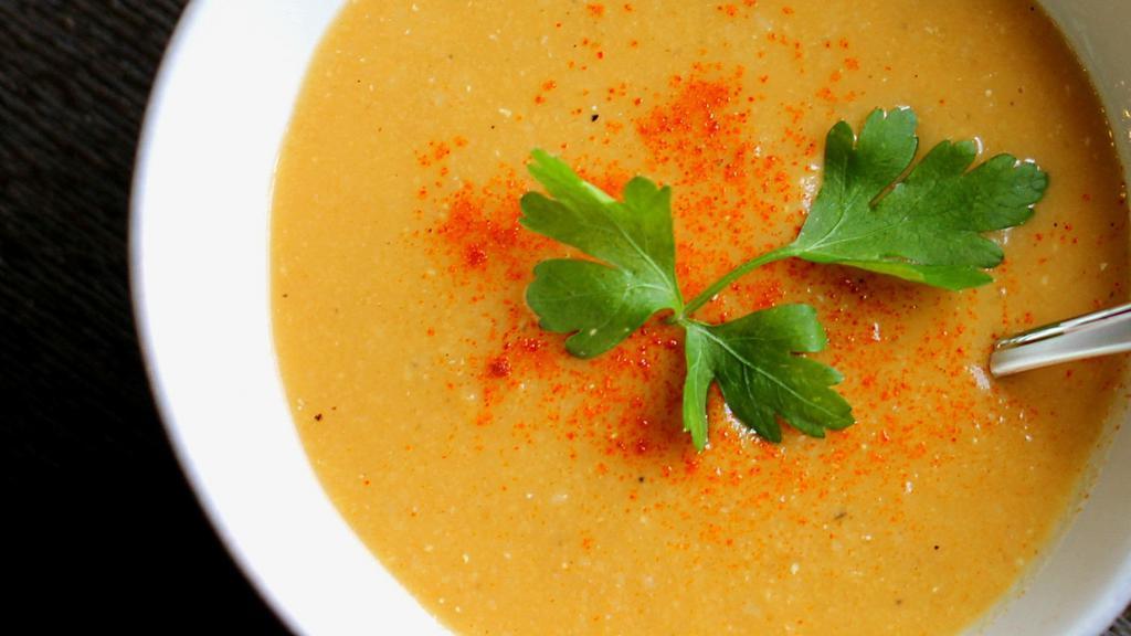 Lentil Soup  (V) (GF)  Medium (16oz) · Grandmas Homemade red lentils soup Vegan & Gluten Free! served with pita.