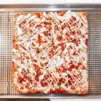 Chicken Bacon Ranch Pizza · Red sauce, smoked chicken, minced garlic, red peppers, green peppers, and creamy mozzarella ...