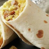 House Breakfast Burrito · Scrambled eggs, chorizo, bacon, and cheese made with their special hot sauce wrapped in a to...