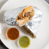 Vegan Protein Burrito · Choice of protein, rice, beans, & pico de gallo,  served with chips & salsa