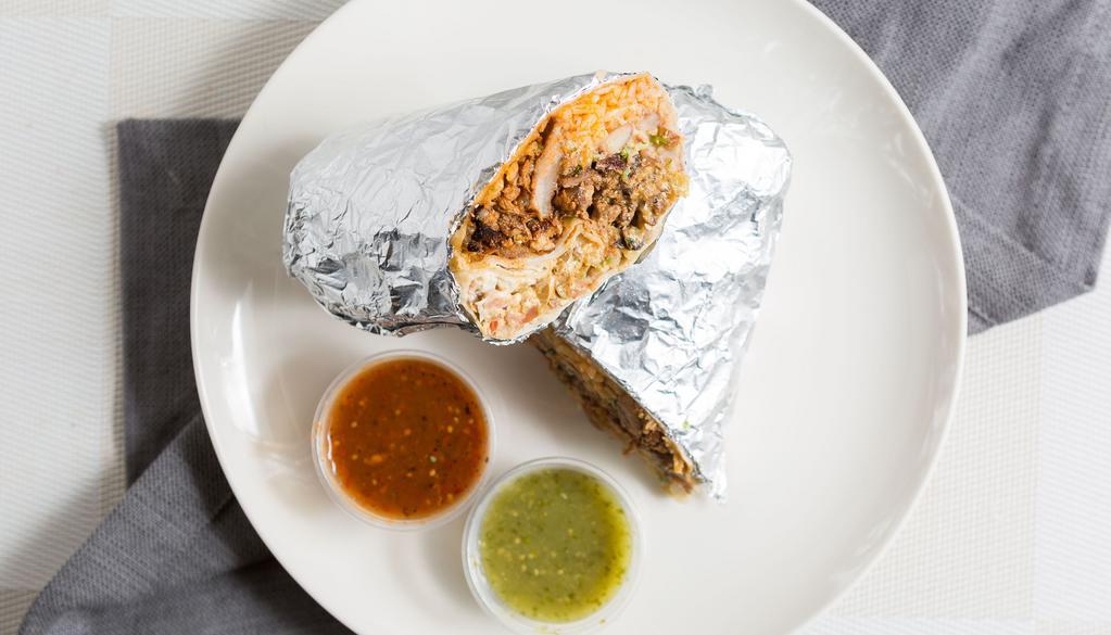 California Burrito · Choice of meat, rice, beans, pico de gallo, cheese, sour cream, avocado, fries.