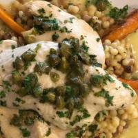 Chicken Piccata · boneless, skinless chicken breast in a butter, caper sauce with Fregola Sardo, and wood roas...