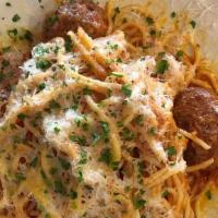 Spaghetti & Meatballs · Classic - pork ricotta meatballs braised in red wine & tomato, artisan spaghetti, garden bas...