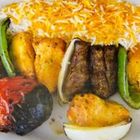 3. Shish Kabob · 1 Kabob with Beef, Chicken, Onions, Bell Peppers.