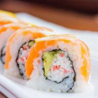49er Roll · crabmeat and avocado topped with salmon and sliced lemons