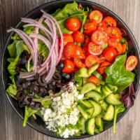 1. Mediterranean Salad · Gluten free, vegetarian. Mix greens, Persian cucumbers, cherry tomatoes, onions, olives, fet...