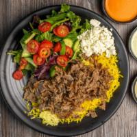 Lamb & Beef Gyro Rice Platter · Gluten free. House-marinated lamb and beef gyro with healthy herbs and spices, rice, house s...