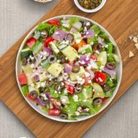 Salad For The Gods · Healthy. Romaine lettuce, tomatoes, artichoke hearts, onions, cucumber, olives, feta cheese,...